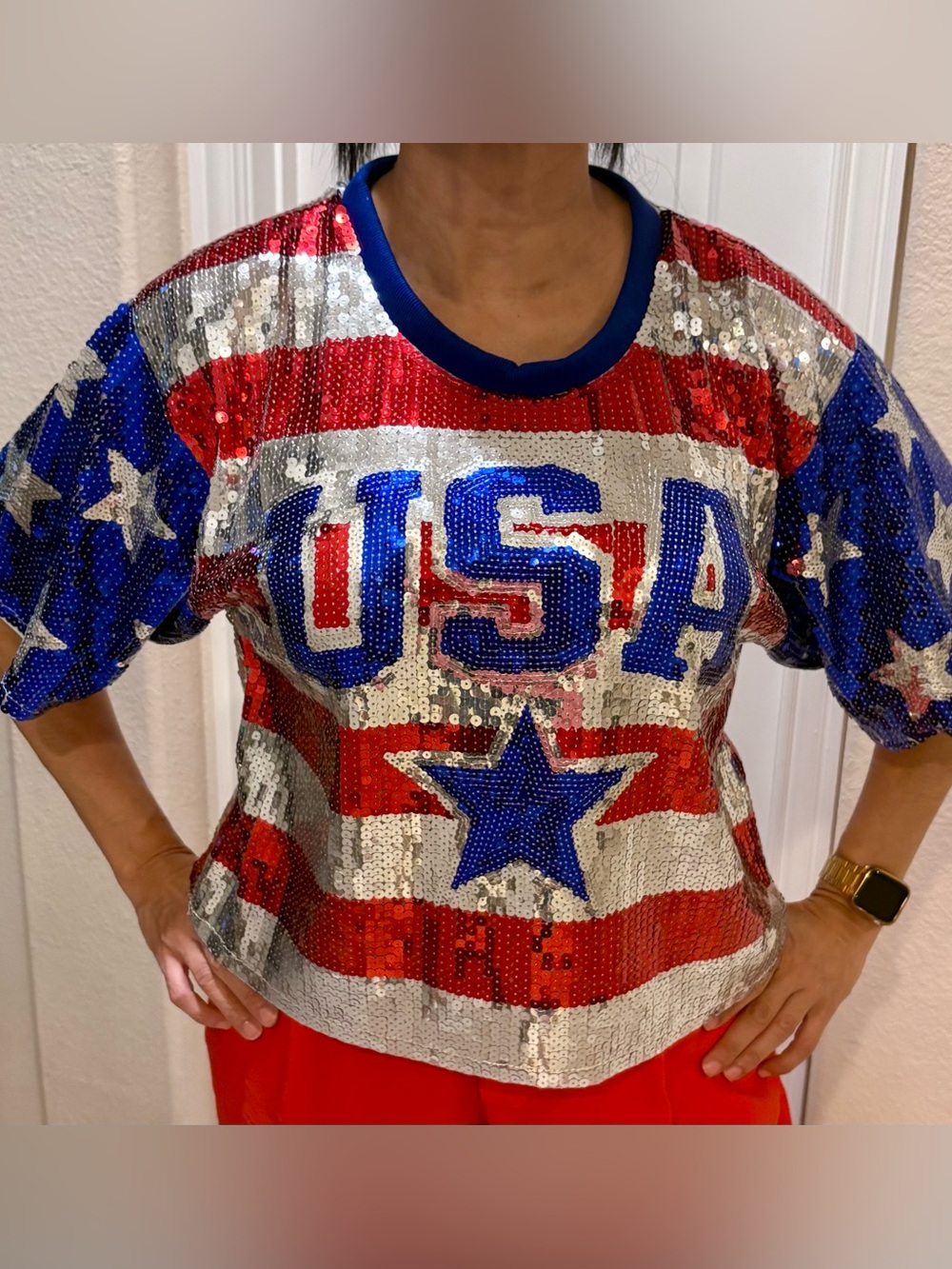 USA Red White & Blue Sequin Crop Top